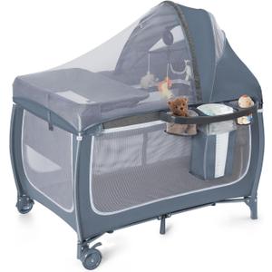 SIMPLGIRL Bedside Bassinet for Baby, 4 in 1 Pack n Play Bassinet Bedside Sleeper Baby Crib with Mosquito Net,Toys & Music Box, Mattress, Foldable Playard for Newborn to Toddles