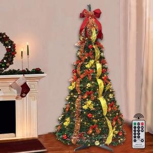 6FT Prelit Pull Up Artificial Christmas Tree with Lights, Decorations, Remote - Red, Gold Ornaments, Bows, Ribbons