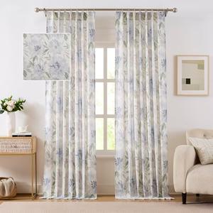Kayne Studio Floral Print Light Filtering Curtains 90 Inches Long Blue Botanical Flower Semi Sheer Drapes for Living Room/Dining Room Farmhouse Pinch Pleated Back Tab Window Treatment,40"x90",2 Panels