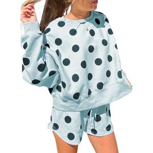 KevaMolly Womens Two Piece Lounge Sets Polka Dot Print Drop Shoulder Oversized Pullover Drawstring Shorts Set Sky Blue, Small
