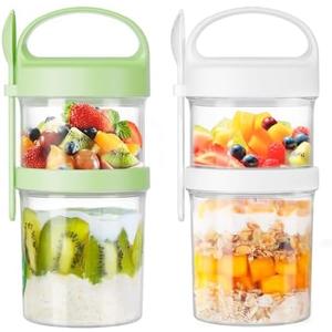 LUXEAR 31oz Large Overnight Oats Containers with Lids and Spoons 2 Pack,Dual-Layer Plastic Yogurt Parfait Cups Salad Pod Mason Jar Reusable for Oatmeal Cereal Nut Fruit with Holder for Snack Meal Prep