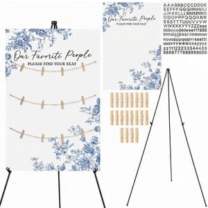 Pinkunn Blue Floral Wedding Seating Chart Board with Easel Display Stand 15.8 x 23.6 Inch Wooden Rustic Chinoiserie Seating Chart Please Find Your Seat Sign for Baby & Bride Shower Wedding Sign Decor