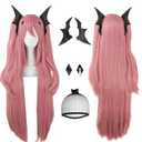 ANOGOL Hair Cap+ 3PCS Set (1 *Headwear) Long Pink Wig Anime Cosplay Hair Clip On Ponytails Pink Synthetic Wig Vampire Cosplay for Women Anime Cartoon Costume Party Halloween Christmas