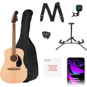 Fender California Debut Redondo Series Acoustic Guitar Pack, Beginner Guitar, Includes Gig Bag, Stand, and More, Natural
