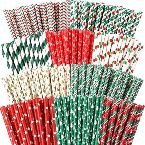 Jutom 200Pieces Christmas Paper Straws 10 Patterns Disposable Mixed Stripe Paper Straws for Beverage Birthday Christmas Party Favors