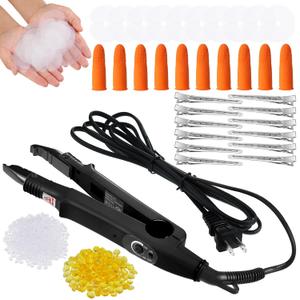 Hair Extensions Iron Fusion Keratin Hair Extensions Heat Tool Heat Connector Wand with Fusion Glue Protector Template Hair Clip Finger Protector 2 Bag Keratin Glue Granule Bead(Black)