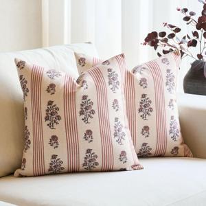 Amor Virisso Floral Throw Pillow Covers 18x18 Set of 2 Block Print Pillow Covers Neutral Floral Striped Farmhouse Decorative Pillow Covers for Sofa Couch Bed, Red