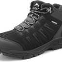 OUTJET Men's Waterproof Hiking Boots Lightweight Comfortable Leather Mid Ankle Outdoor Trekking Boot 11.5, Black
