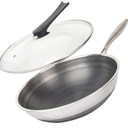 CATHYLIN 13'' 316L Stainless Steel Stirfry Wok with Lid,Non Stick Skillet with Staycool Handle PFOA Free Suitable for Induction, Ceramic, Electric, and Gas Cooktops