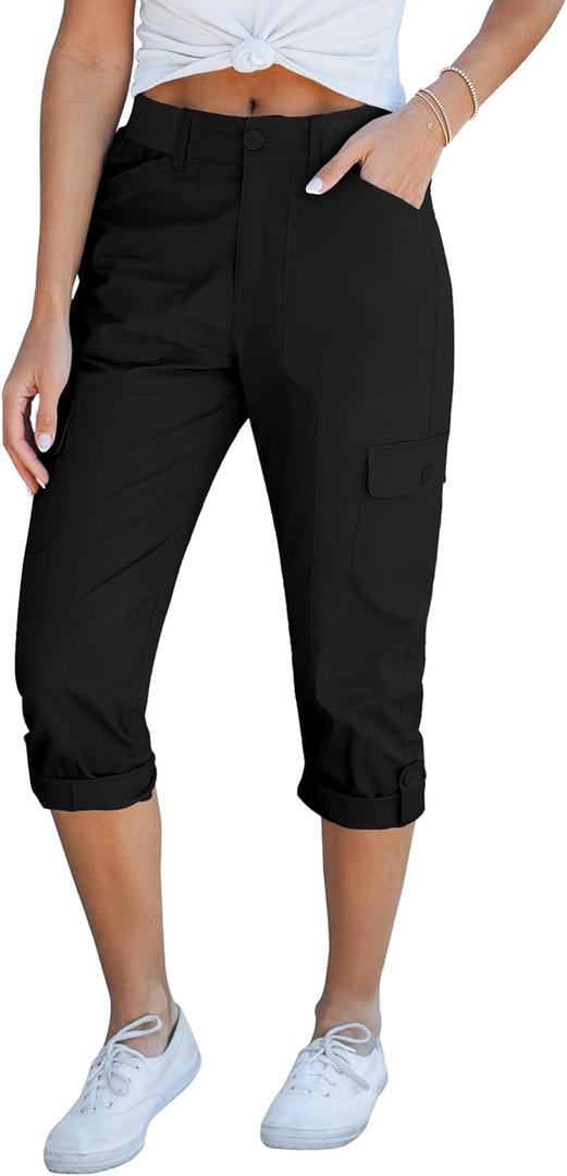 GRAPENT Cargo Capri Pants for Women High Waisted Relaxed Fit Elastic Knit Waist Casual Capris Trousers Cropped Pants (Black, Medium)