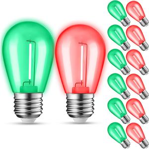 12-Pack Red Green String Light Bulbs, Patio String Light Replacement bulbs for Outdoor Indoor, 1W E26 Base S14 LED Colored Light Bulbs for Christmas Halloween,Holiday,Home Decor (6 Red + 6 Green)