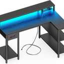 SUPERJARE 47 inch Reversible L Shaped Desk with LED Lights & Power Outlets, Computer Desk with Shelves & Monitor Stand, Gaming Desk with Drawer, Home Office Desk Corner Desk, Black