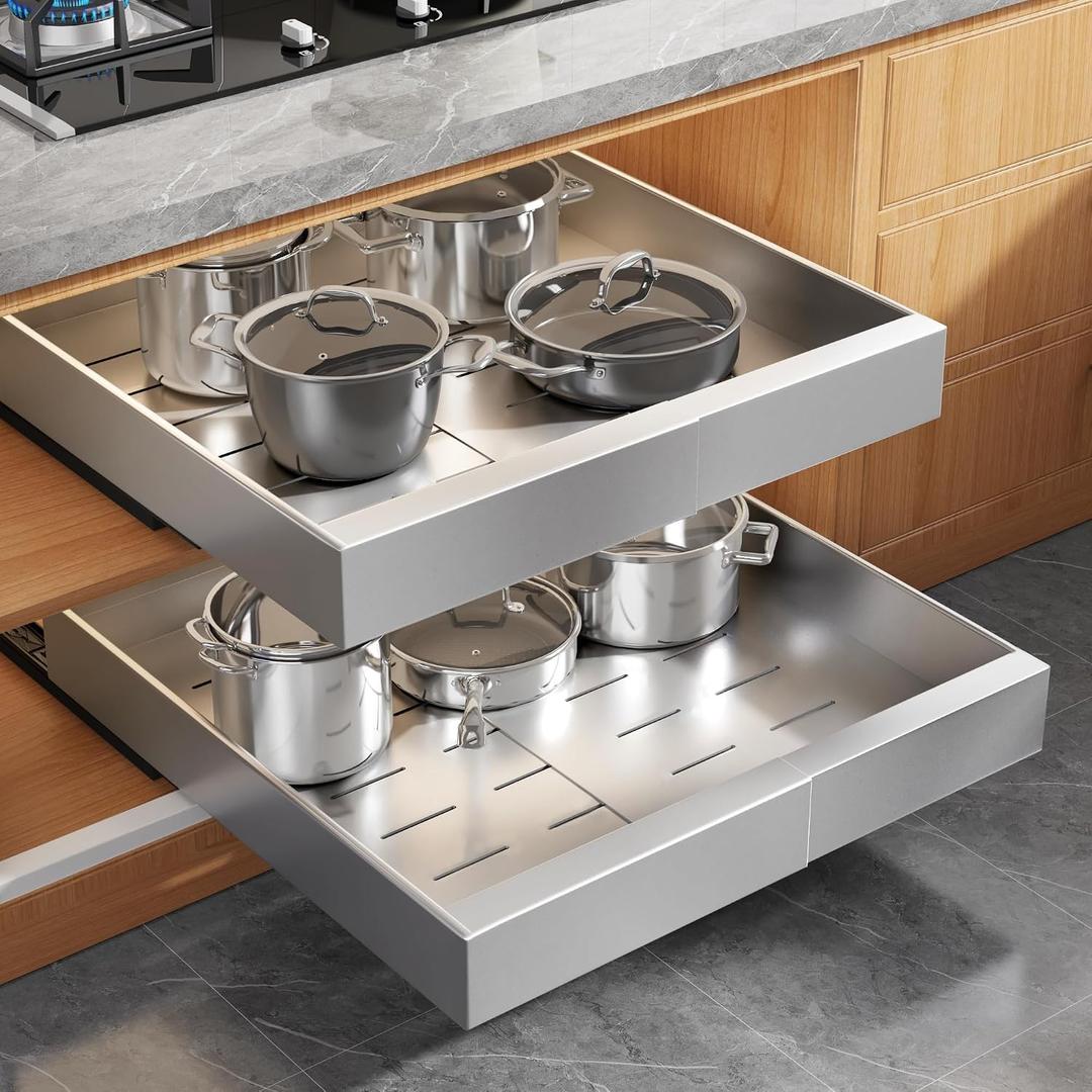 Seinloes 2Pack Expandable Pull Out Cabinet Organizer 21"Deep With Raising Pad for Framed Cabinets, Upgrade 3 Slide Rails Slide Out Drawers,Roll Out Shelves Adhesive,Adjustable Width 12.05"-20.4"Silver