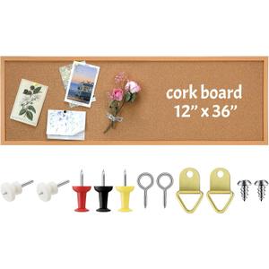 DoubleFill 12'' x 36'' Cork Bulletin Board Framed Large Wall Mounted Corkboard with Installation Kit, Push Pins for Home and Office Decor, School Message or Vision Background(Brown)
