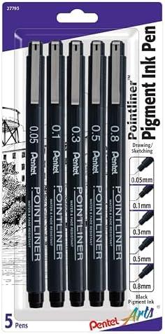 Pentel Arts Pointliner Drawing Pen, 5-Pack, Assorted Sizes, Black Ink (S20PBP5A)