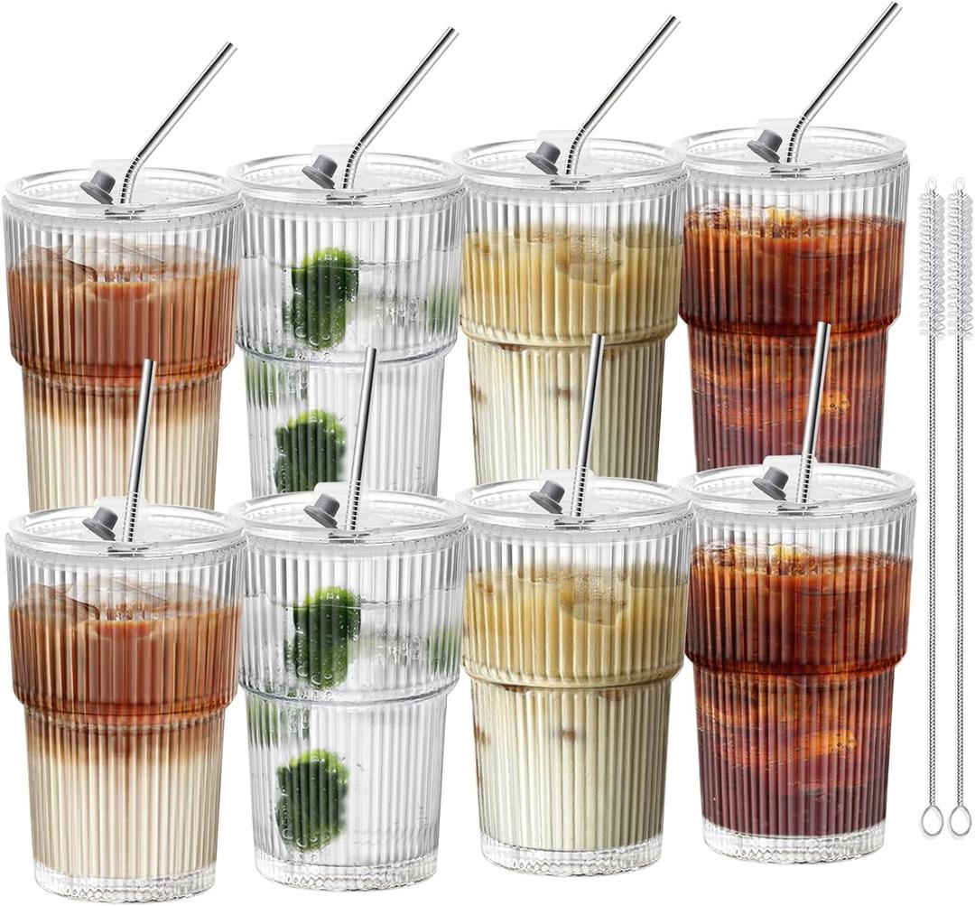 HIGIINC Iced Coffee Cups With Lids and Straws 8 Pcs, 16 OZ Unbreakable Glasses Drinking Set,Clear Plastic Cups Reusable Iced Coffee Tumbler with Lid and Straw, To Go Coffee Cups Dishwasher Safe
