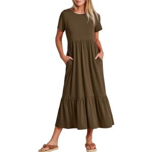 ANRABESS Women's 2025 Summer Casual Maxi Dress A line Tiered Flowy Short Sleeve Crewneck T Shirt Beach Travel Long Dresses (Small, Coffee)