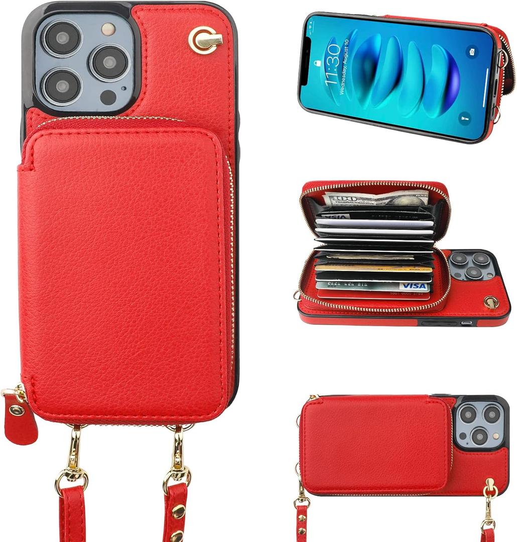 Bocasal Crossbody Wallet Case for iPhone 14 Pro, RFID Blocking Leather Purse Case with Card Holder, Protective Handbag Flip Cover with Slots Zipper Wrist Strap Lanyard for Women 5G 6.1 Inch (Red) Bocasal Crossbody Wallet Case for iPhone 14 Pro, RFID Blocking Leather Purse Case with Card Holder, Protective Handbag Flip Cover with Slots Zipper Wrist Strap Lanyard for Women 5G 6.1 Inch (Red)