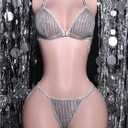 OYOANGLE Women's Glitter Sequin Cheeky Lingerie Set Triangle Bra High Cut String Thongs Sets (Silver, S)
