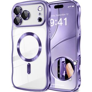GVIEWIN for iPhone 17 Pro Max Case [Compatible with MagSafe][Upgraded Full Camera Protection][Cute Wave Frame] Glossy Slim Shockproof Protective Magnetic Phone Case for 17 Pro Max 6.9'', Clear/Purple