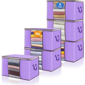 90L Clothes Blanket Storage Bags, 6 Pack Under Bed Storage Bins with Lids, Foldable Closet Organizer with Reinforced Handles for Clothing, Blanket, Comforters, Bed Sheets, Pillows and Toys, Purple