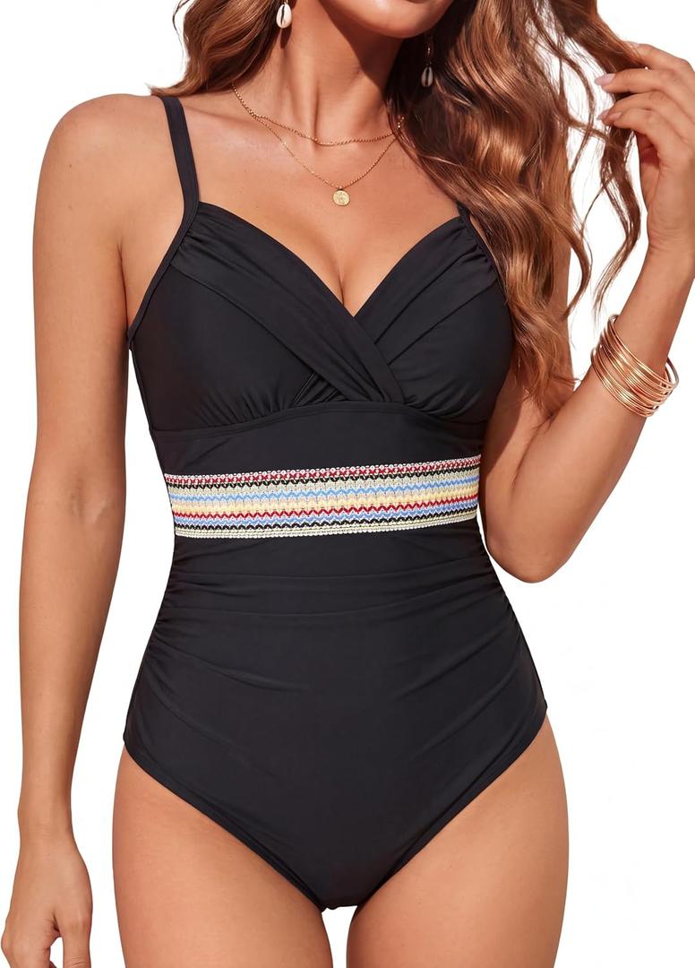 Smismivo Women's Color Block One Piece Swimsuit Tummy Control V Neck Bathing Suits Ruched Slimming Swimwear, M