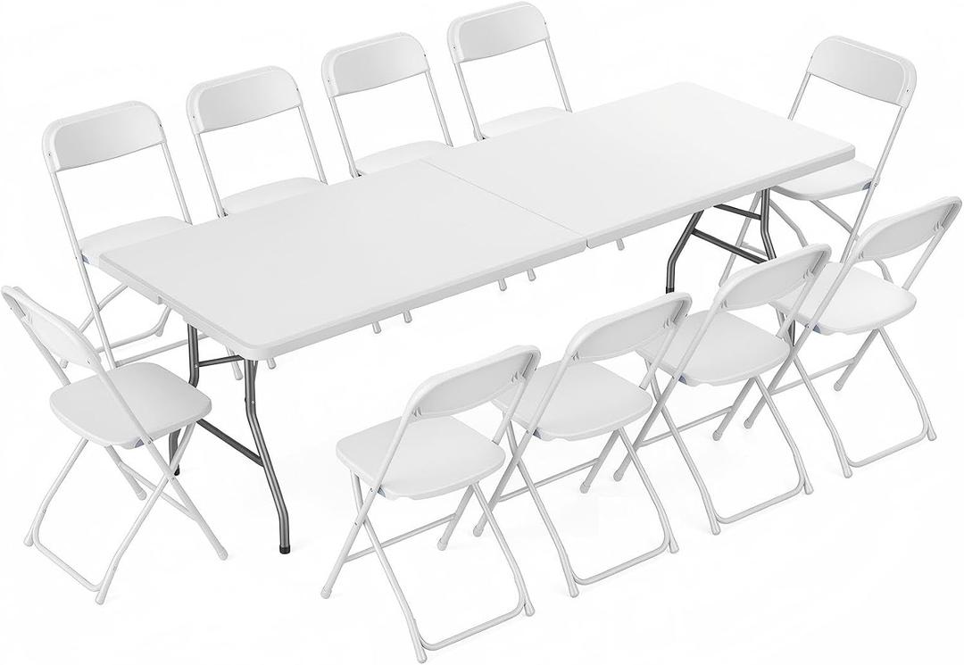 DUMOS 8 FT Folding Picnic Table with 10 Folding Chairs, Easy to Keep, White