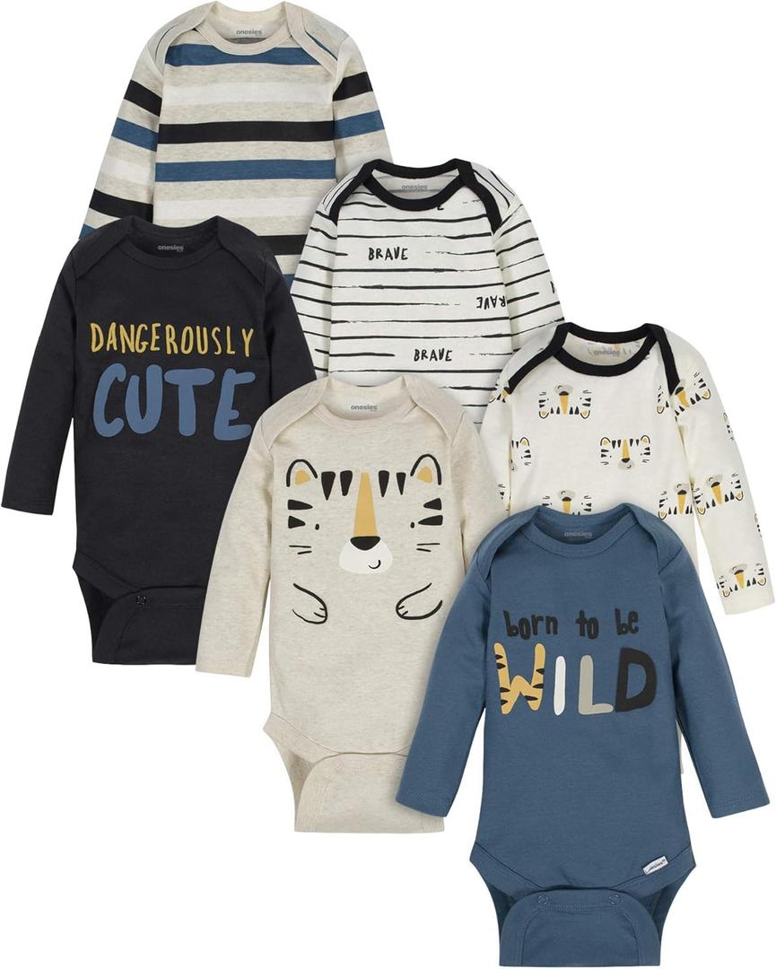 Onesies Brand, Unisex Baby, 6-Pack Long Sleeve Bodysuits (0-3 Months, Tiger Blue)