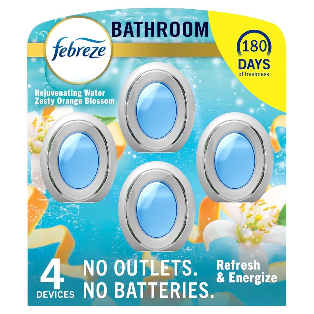 Febreze Bathroom Air Freshener, Odor-Fighting, Plug In Alternative, Air Fresheners for Small Spaces in Home, Bathroom, Kitchen, & Closet, Pet & Litter Box Odor Fighter, Refresh & Energize Scent, 4ct