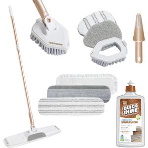 Quick Shine Ultimate Gold Clean + Polish Mop Kit | All-in-One 10 Pc Kit w/Interchangeable Attachments | Floor Polish Included | No Batteries Needed | Pro Cleaning for Hardwood Floors | 2-in-1 Mop