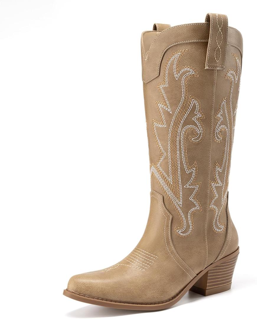 Athlefit Women's Embroidered Western Cowboy Boots Fashion Pointed Toe Chunky Heel Mid Calf Cowgirl Boots