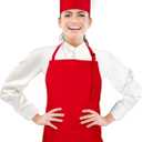 Chef Apron and Hat set, 2 Pockets Adjustable Cotton Kitchen Cooking Bib Apron, Baker Costume for Men Women (Red)