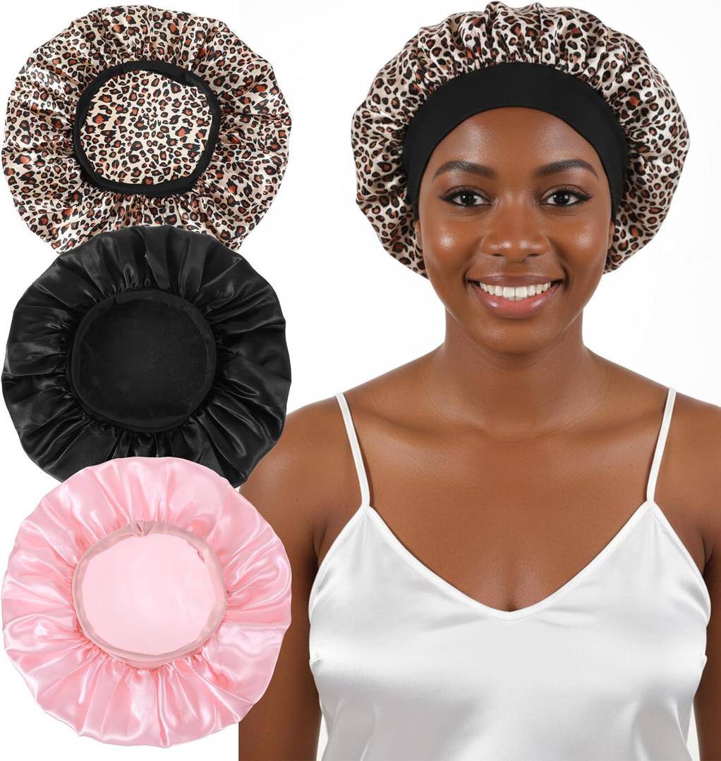 3Pcs Hair Bonnet, Satin Bonnet for Sleeping Pack with Elastic Band for Curly Hair, Night Protection