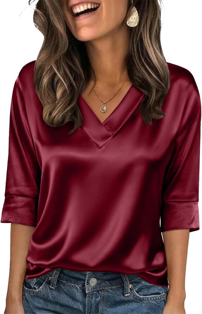 Women Silk Satin Tops 3/4 Length Sleeve Shirts Dressy Casual Blouse V Neck Business Casual Outfits (Red, M)