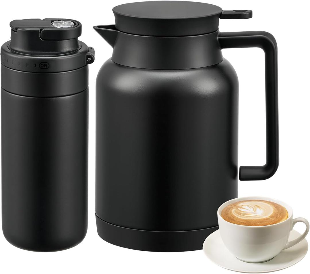 2 Pack 49oz Thermal Coffee Carafe and 15oz Insulated Water Bottle, Stainless Steel Vacuum Thermal Carafes and Water Bottle for Keeping Coffee, Tea, Water - Keep 12 Hours Hot, 24 Hours Cold (Black)