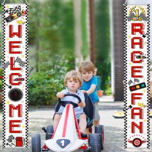 Blulu 2 Pcs Race Fans Banners Checkered Flag Hanging Banner Car Party Decoration Welcome Race Fan Sign for Indoor Outdoor Birthday School Event Baby Shower Supplies