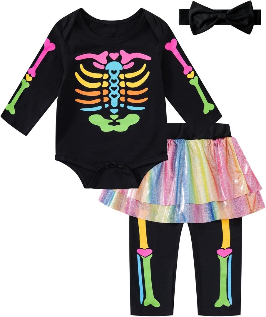 PROMOTED TO BIG SISTER Baby Girls Skeleton Halloween Costume Outfit Long Sleeve Skull Tulle Skirt Set (6-12 Months, Black)