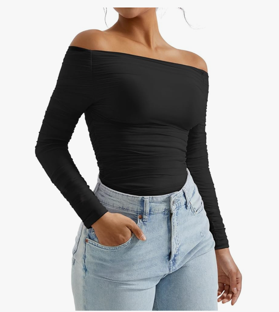 OMKAGI Women Long Sleeve Tops Sexy Off Shoulder Shirts Fitted Going Out Y2K Crop Top (L)