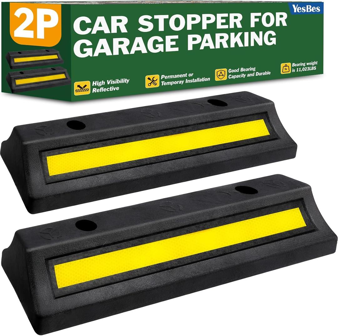Pack of 2 Garage Parking Aid, 16.9'' Parking Stopper for Garage, Heavy Duty Rubber Garage Car Stopper with Reflective Yellow Tape Curb, Parking Gadgets Protects Garage Walls and Car