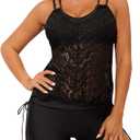 Women's Crochet Hollow Out Tankini Swimsuits 2 Piece Blouson Bathing Suit Sexy Lace Swimwear with Swim Shorts, Extra Large, Black 