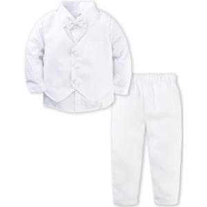 A&J DESIGN Baby Toddler Boys Gentleman Suit Set, 3pcs Outfits Shirts & Vest & Pants (18-24 Months, White Tuxedo)