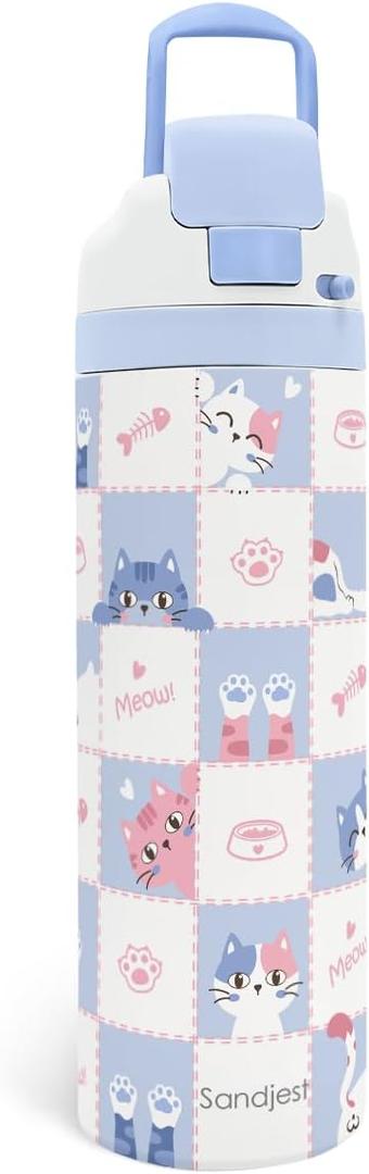 Cat Insulated Stainless Steel Water Bottle with Straw for Sports and Travel 24 Ounces for Women Girls Friends Teens Birthday (Blue)