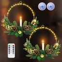4Pack Christmas Wreaths for Front Door with Lights & Flickering LED Taper Candles & Remote, 16'' Windows Wreaths, Fireplace Christmas Decorations - Gold