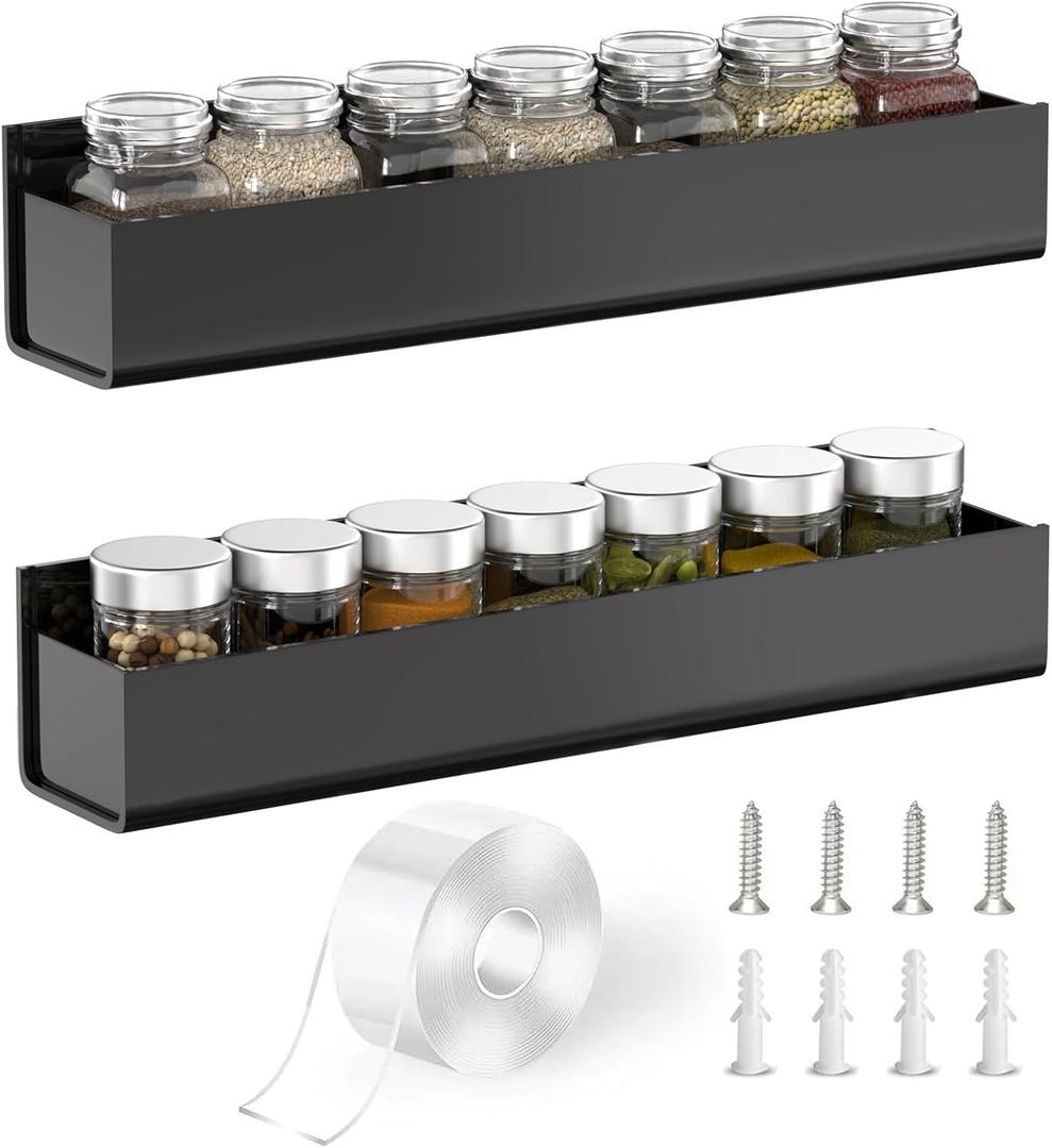 Adhesive Acrylic Spice Rack Organizer for Wall with Nano Double Sided Tape, Spice Shelf Organization for Kitchen Cabinet Door/Pantry Door, Wall Mount Seasoning Rack (Black-2 Pack)