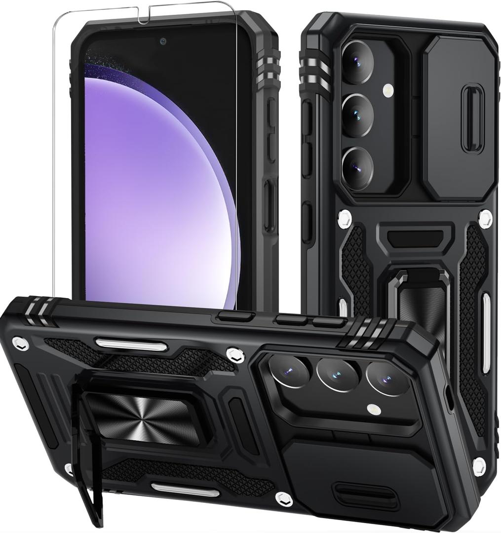 WRJ for Samsung Galaxy S25/Galaxy S24 Case with Slide Camera Cover and Screen Protector, Military Grade Protection [Rotated Ring Kickstand] Heavy Duty Shockproof Protective Cover-Black