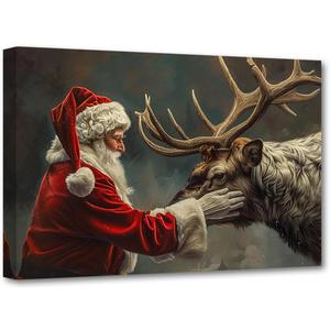 DOARTDO Santa Claus Wall Art Christmas Canvas Painting Vintage Santa Claus with Reindeer Pictures Print Winter Artwork Living Room Office Decor Frame (16.00" x 24.00") (Red)
