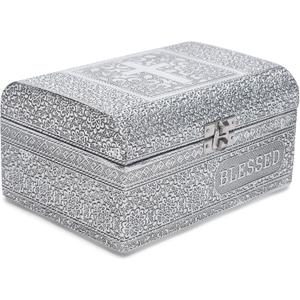 Cottage Garden Blessed Silver Tone Metal Stamped Round Top Trunk Keepsake Box