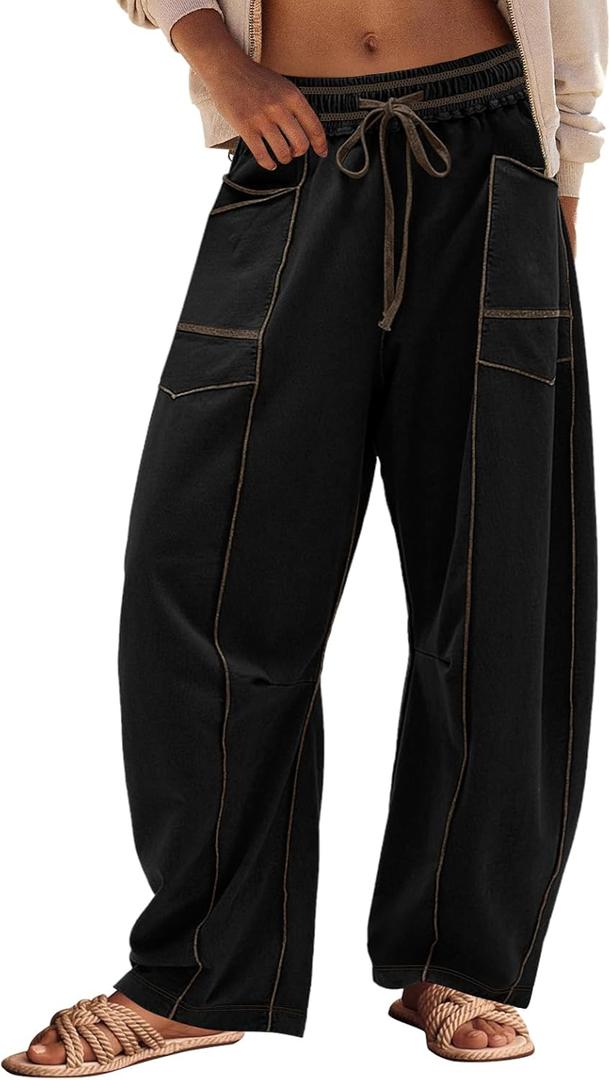 Panadila Womens Barrel Pants Drawstring Wide Leg Sweatpants Baggy Summer Lounge Pants Casual Beach Trousers (Small, Black)