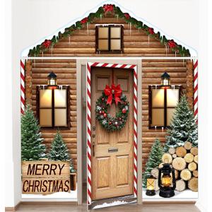 4 Pcs 98 Inch Christmas Log Cabin Door Cover Decorations Xmas House Classroom Door Banner Hanging Backdrop Porch Sign for Holiday Classroom Photography Photo Background Home Party Decor