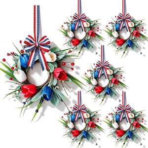 6 Pcs Patriotic Wreath Mini 4th of July Hanging Wreaths for Cabinets Artificial Red White Blue Tulip Berries Memorial Day Wreaths Pillar Candle Holder Wreath for Independence Day Porch Wall Decor